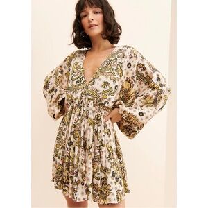 Free People Printed Arzel Mini Dress Long Sleeve Boho Floral Size M